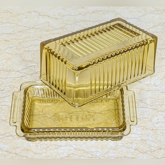 Vintage Other - Vintage Hazel Atlas Amber Gold Large Ribbed Glass Butter Dish With Lid